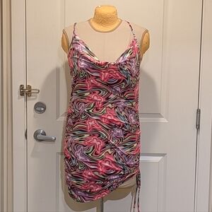 3/$30 EUC SHEIN Icon 2X Neon Butterfly Print Blacklight Ruched Side Dress